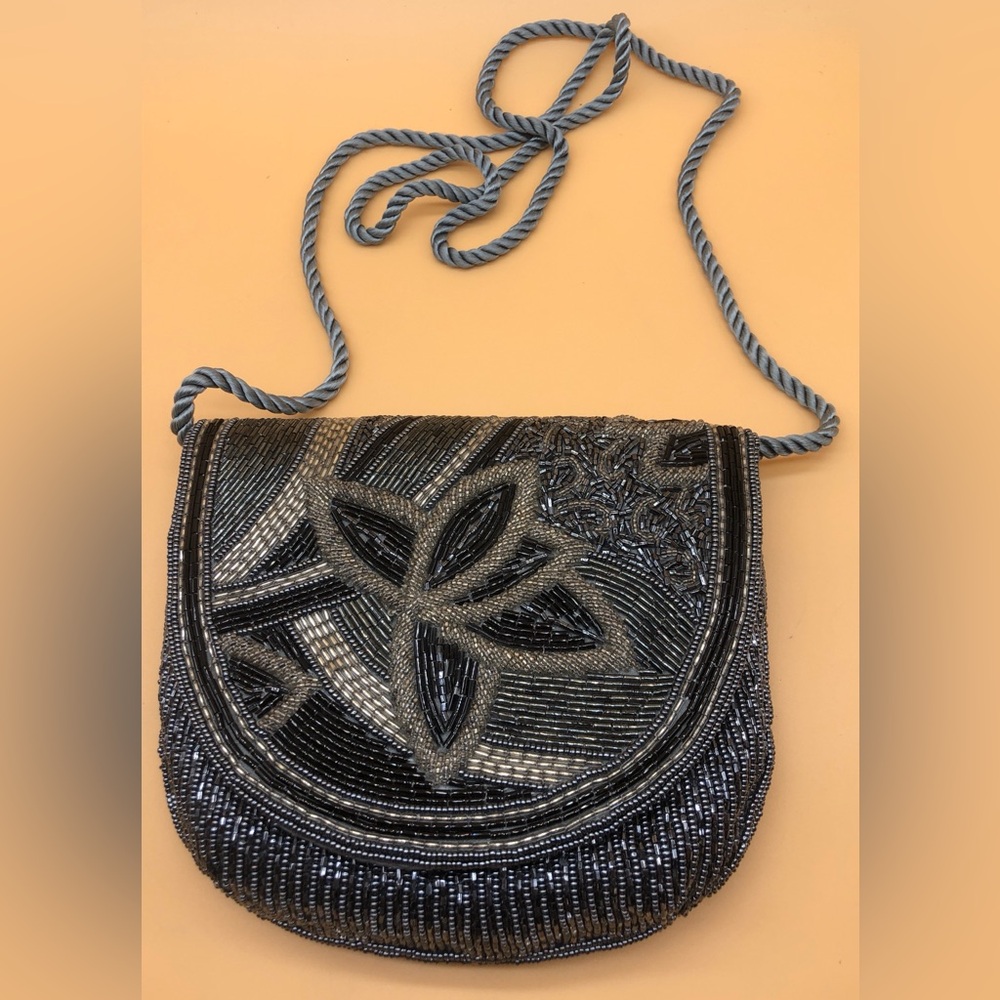 Mini Black Beaded Clamshell Crossbody Wedding  or Evening Bag